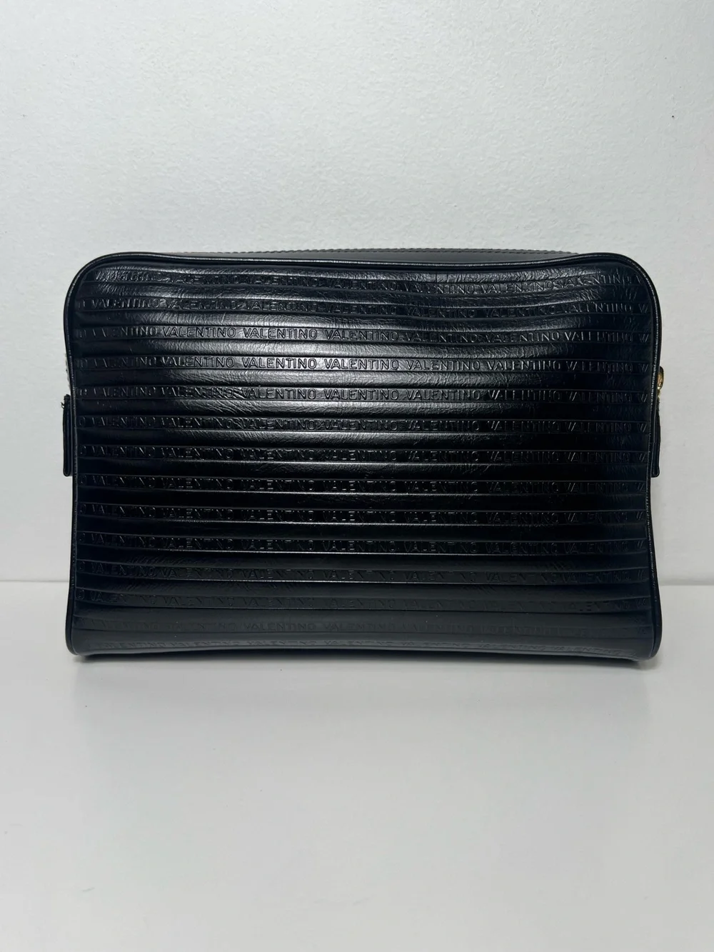 Mario Valentino Logo Vintage Black Leather Clutch Toiletry Travel Pouch Case